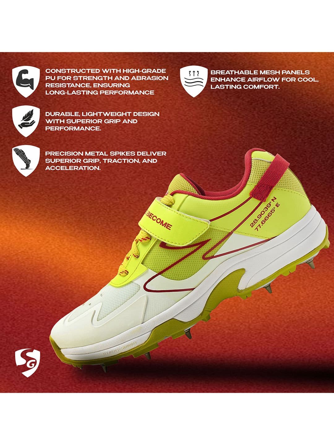 SG Sierra ARC Spike Shoes White-Yellow-Red - Premium Grip EVA Comfort Mesh Upper thumbnail 3