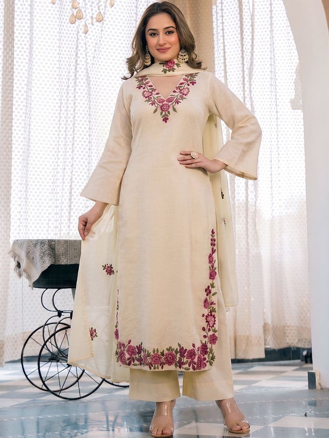 SZN Women Floral Embroidered Regular Thread Work Kurta with Palazzos & With Dupatta - view 1