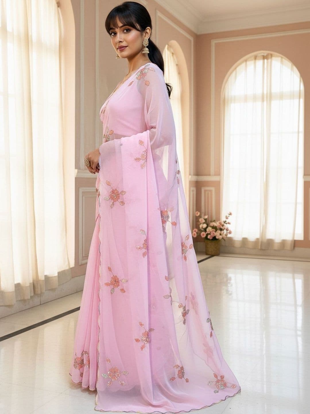 FABLAND Embellished Embroidered Poly Georgette Heavy Work Saree thumbnail 6