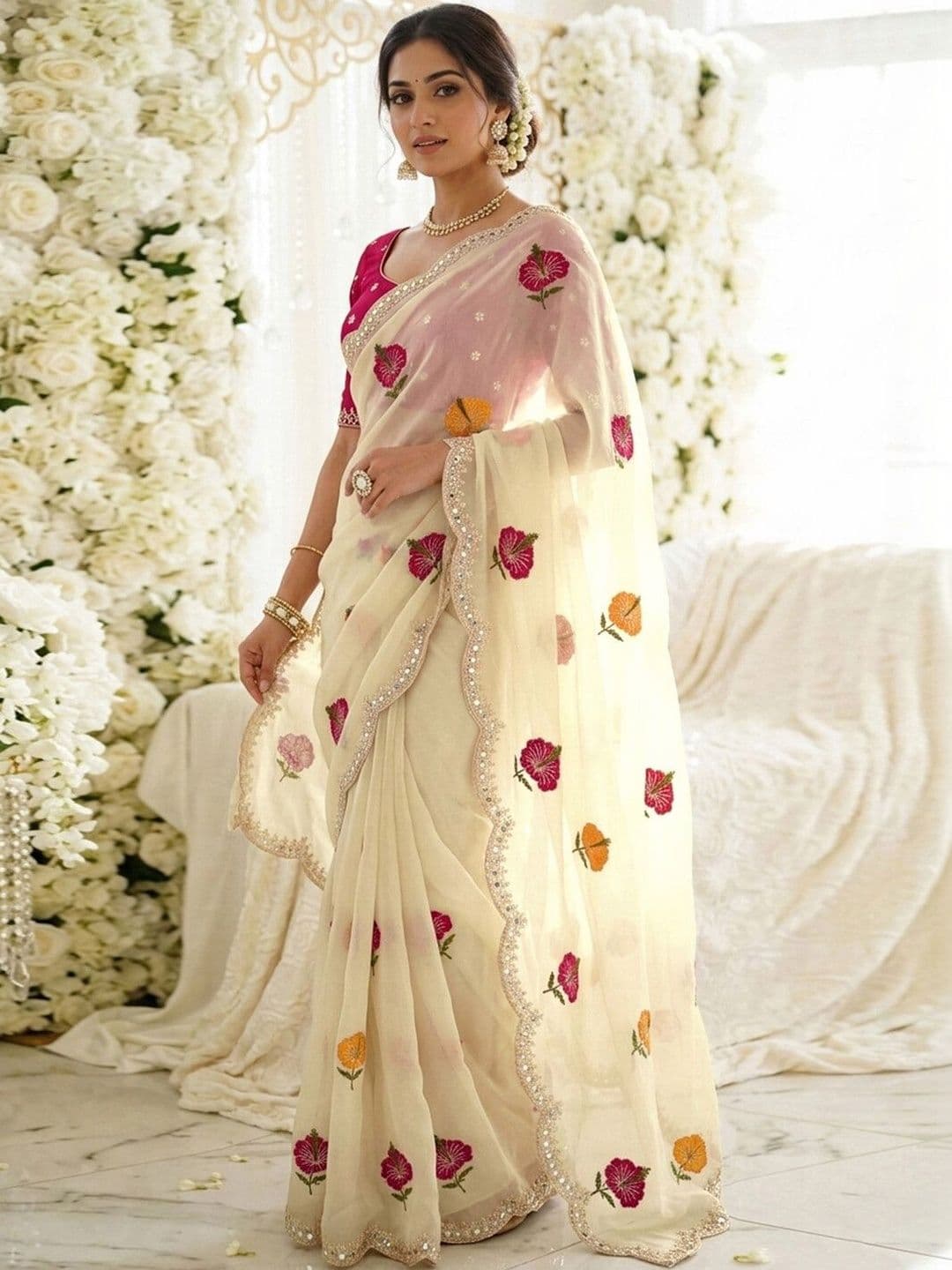 Satrani Floral Embroidered Saree With Blouse Piece - view 1