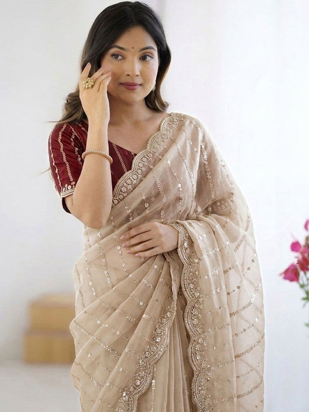 Satrani Embellished Sequinned Georgette Saree With Designer Blouse thumbnail 2