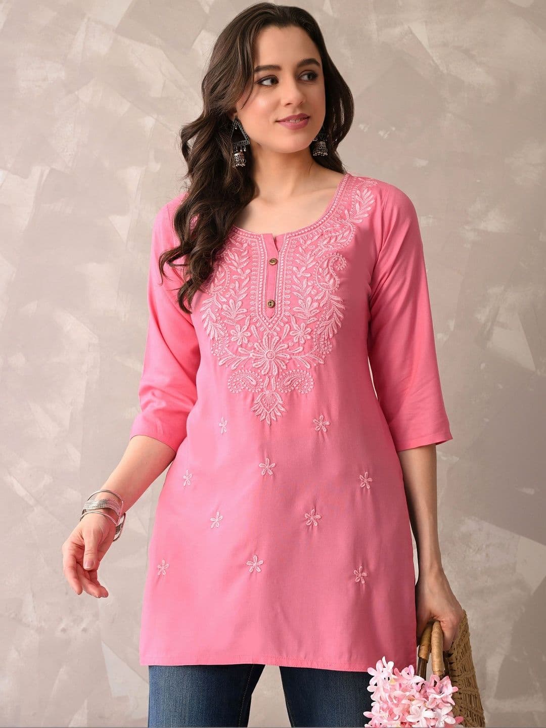 ROSHNI Women Floral Embroidered Round Neck Thread Work Cotton Regular Kurti thumbnail 6