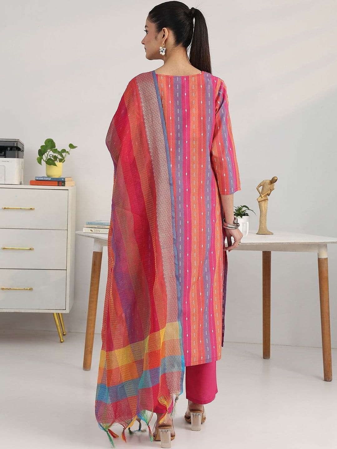 Gerua By Libas Women Striped Regular Thread Work Kurta with Trousers & With Dupatta thumbnail 3