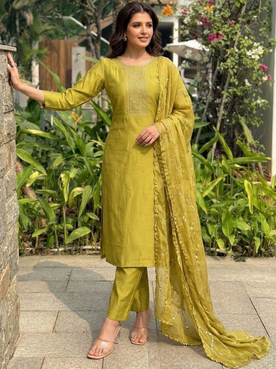 KALINI Ethnic Motifs Embroidered Thread Work Silk Georgette Kurta with Trousers & Dupatta - view 1