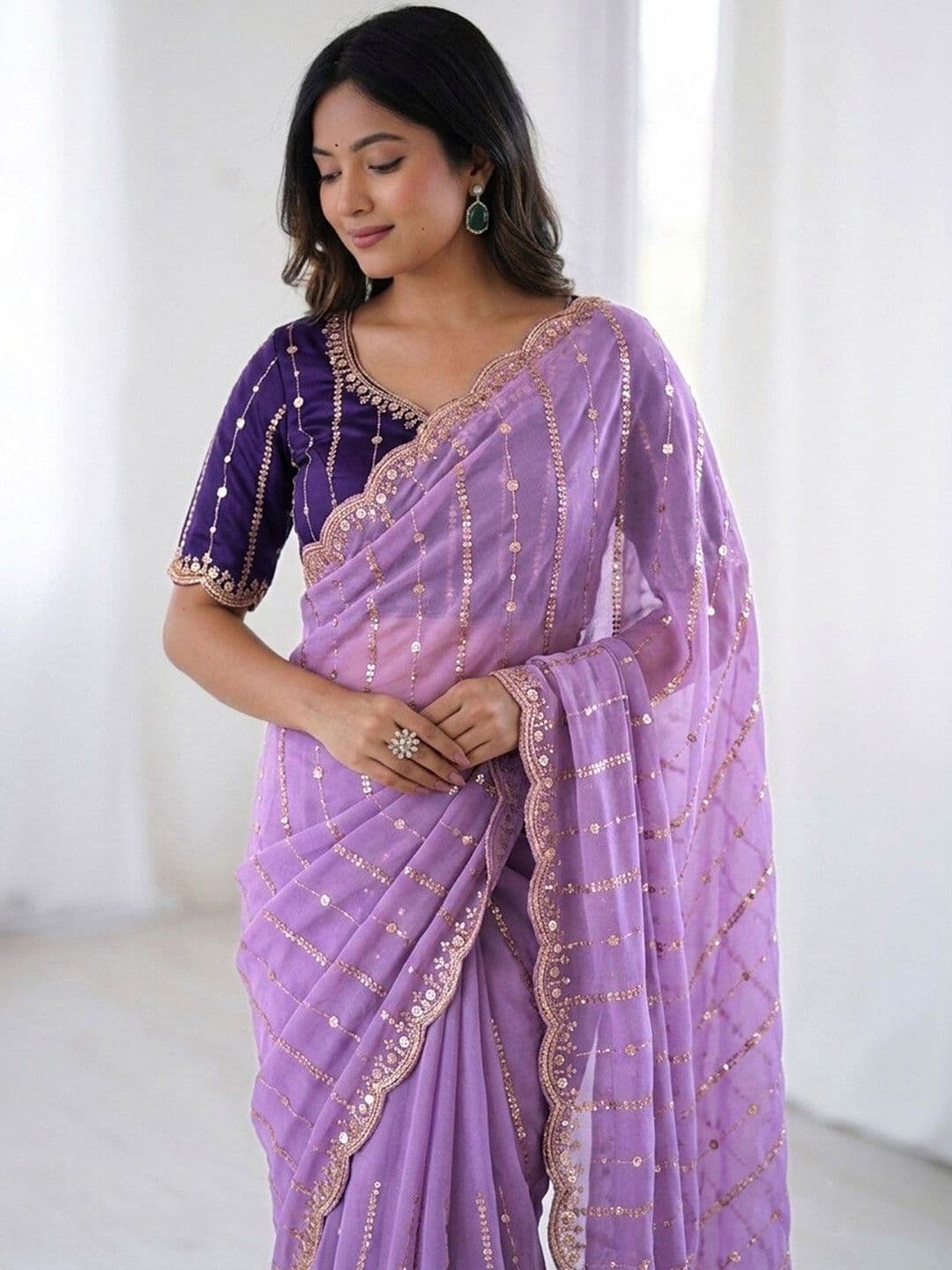 Satrani Embellished Sequinned Saree With Designer Blouse thumbnail 7
