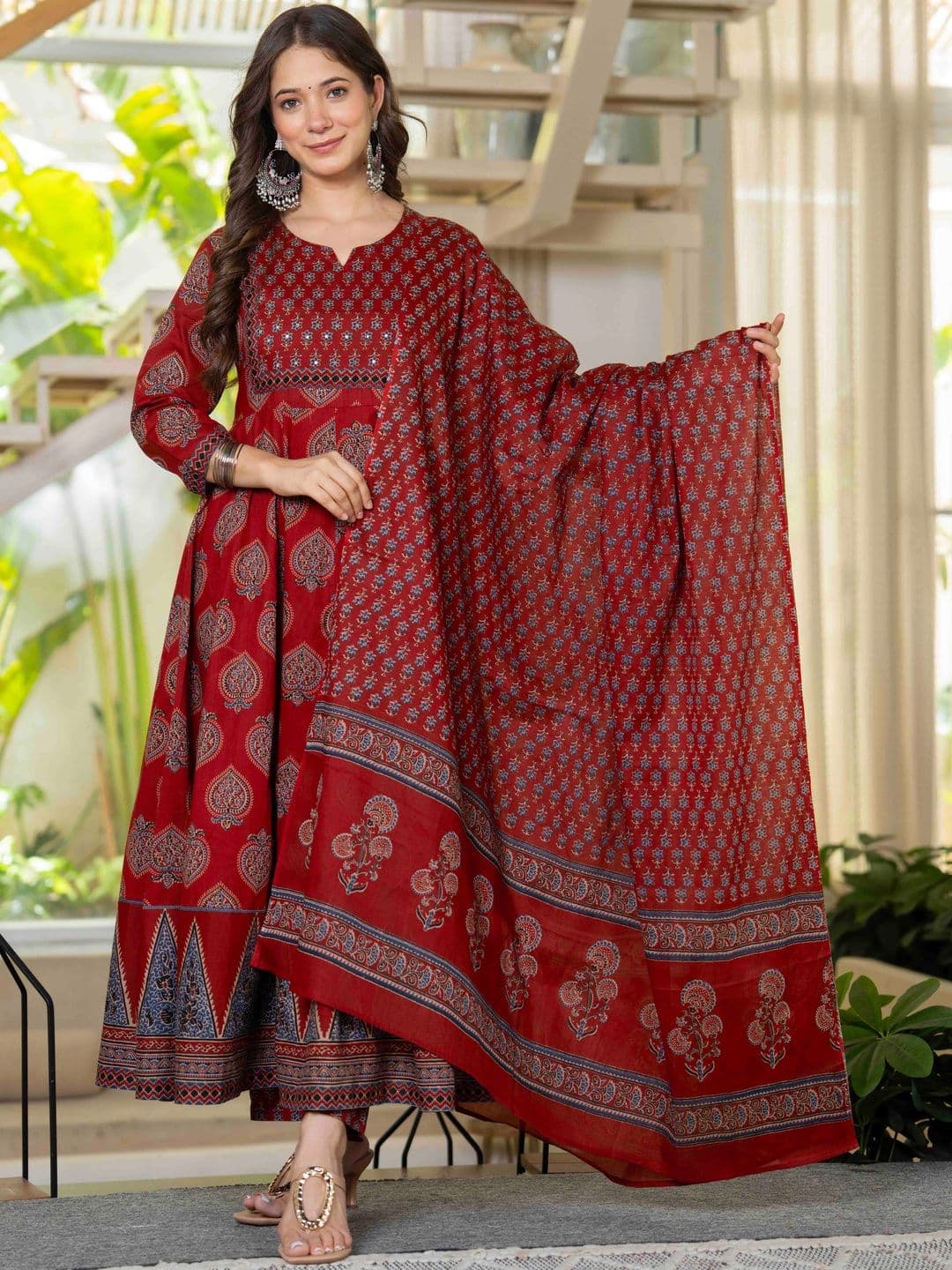 KALINI Women Ethnic Motifs Printed Empire Mirror Work Pure Cotton Kurta with Trousers & With Dupatta thumbnail 7