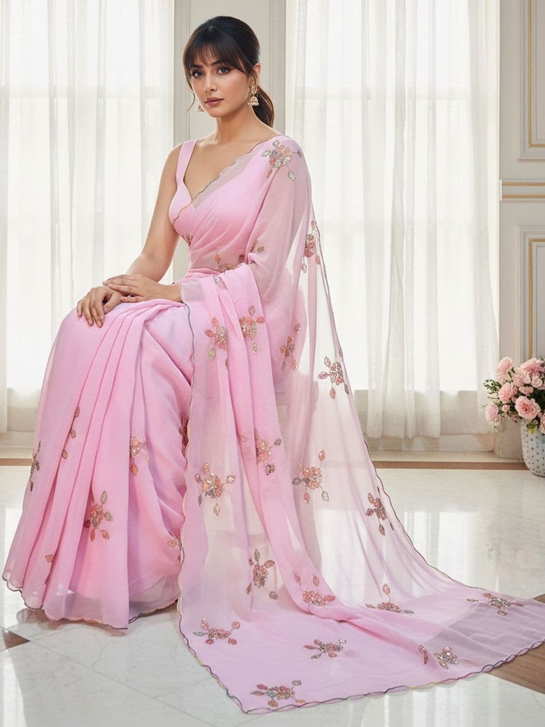 FABLAND Embellished Embroidered Poly Georgette Heavy Work Saree thumbnail 5