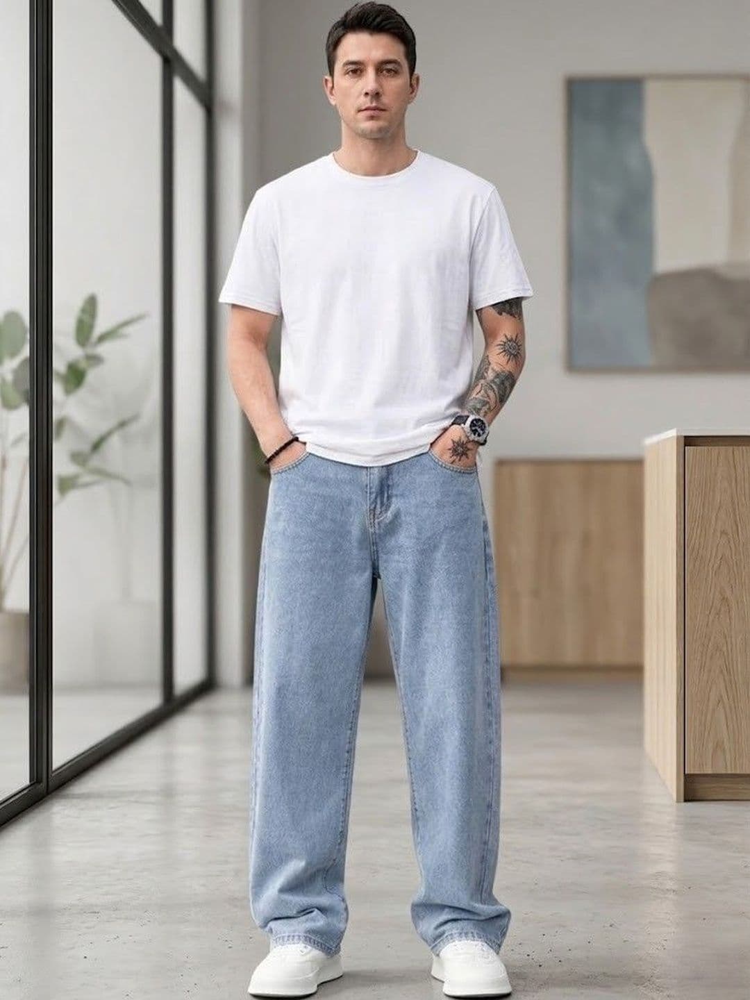 FEBRi Men Wide Leg Mid-Rise Light Fade Applique Jeans thumbnail 4