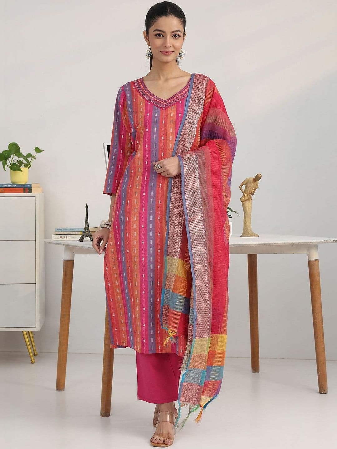 Gerua By Libas Women Striped Regular Thread Work Kurta with Trousers & With Dupatta thumbnail 2