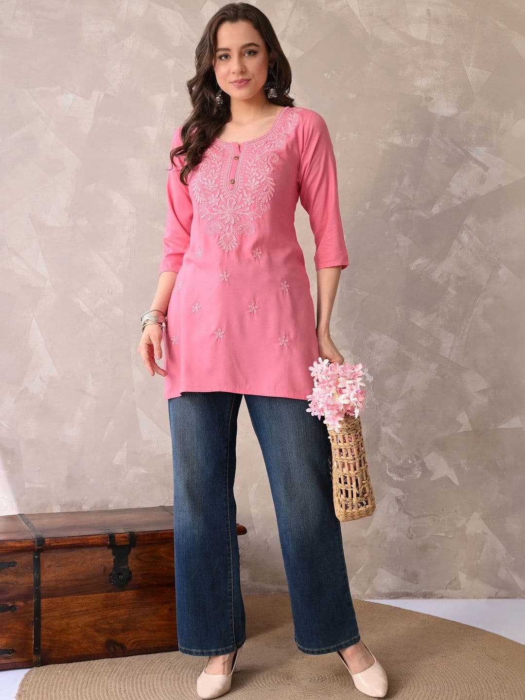 ROSHNI Women Floral Embroidered Round Neck Thread Work Cotton Regular Kurti thumbnail 3