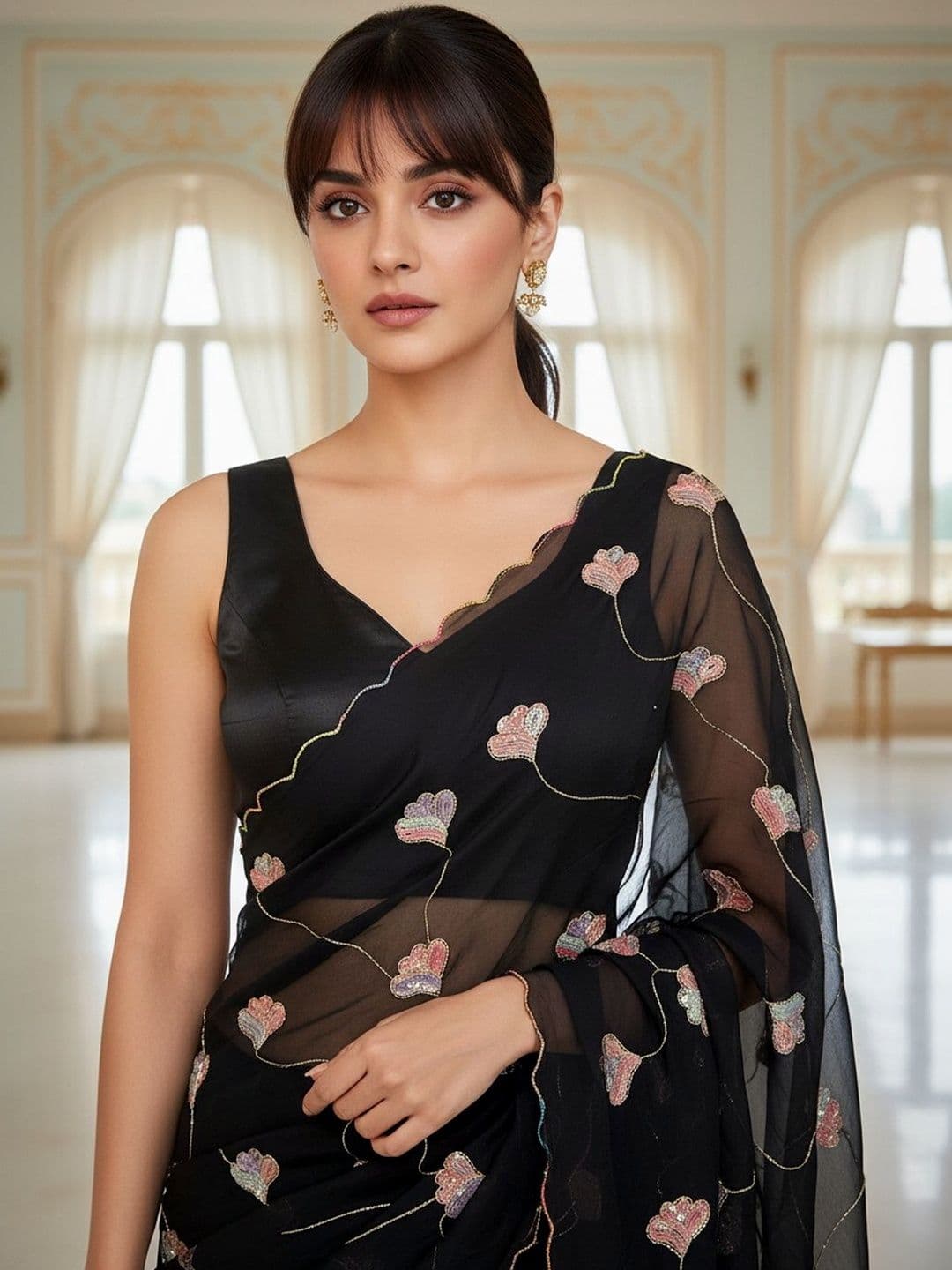 FABLAND Black Georgette Saree with Floral Sequence & Beads Embroidery Scalloped Border thumbnail 5