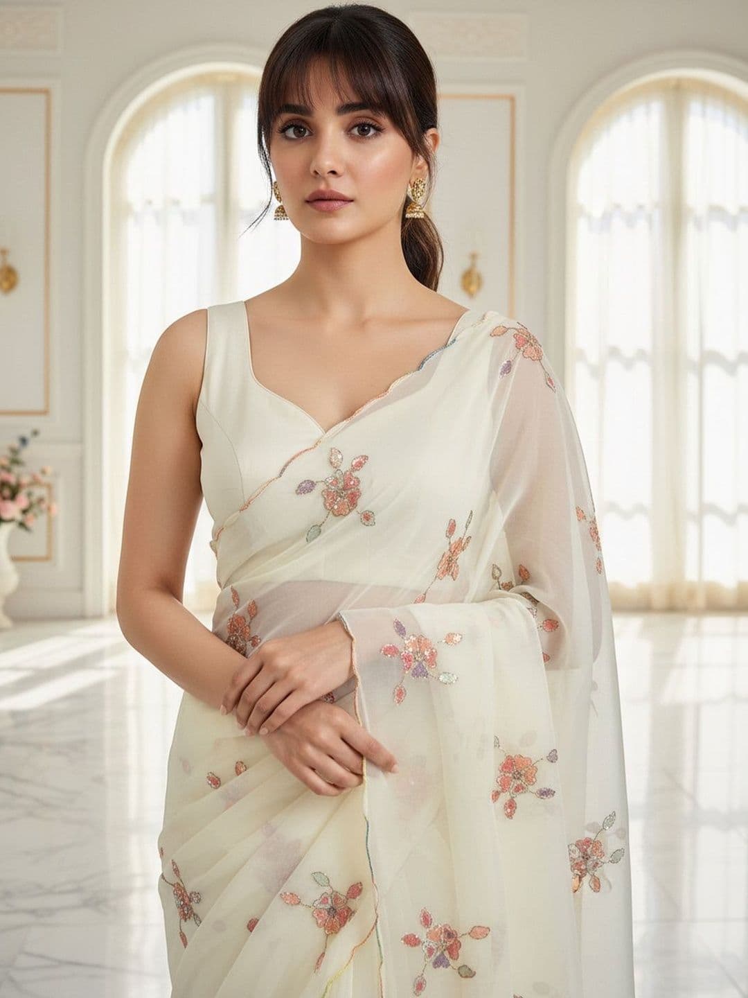 FABLAND Floral Sequinned Poly Georgette Heavy Work Saree thumbnail 5