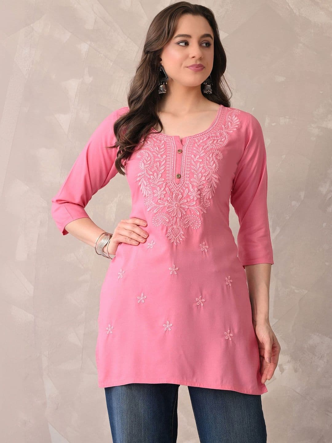 ROSHNI Women Floral Embroidered Round Neck Thread Work Cotton Regular Kurti - view 1