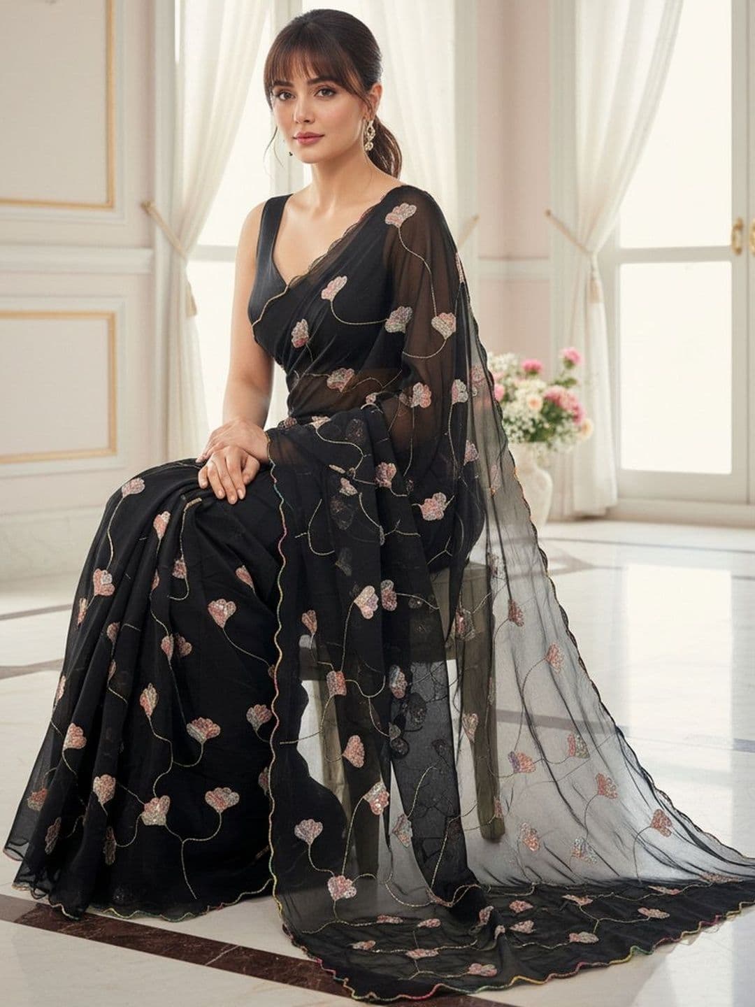 FABLAND Black Georgette Saree with Floral Sequence & Beads Embroidery Scalloped Border thumbnail 4