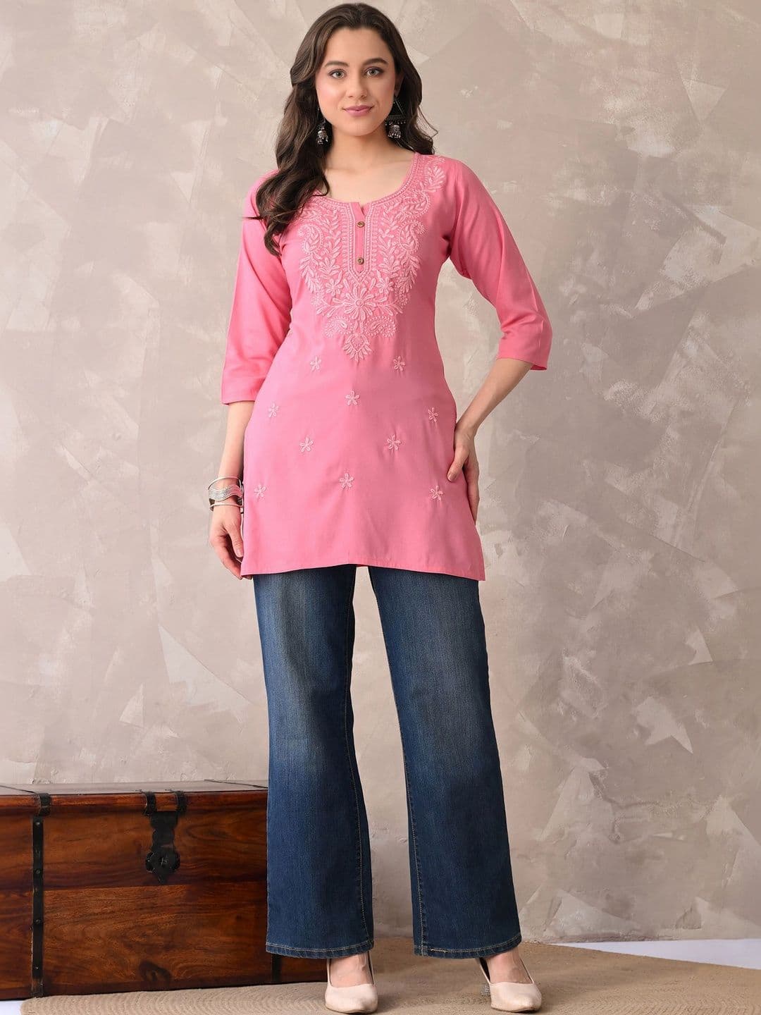 ROSHNI Women Floral Embroidered Round Neck Thread Work Cotton Regular Kurti thumbnail 2