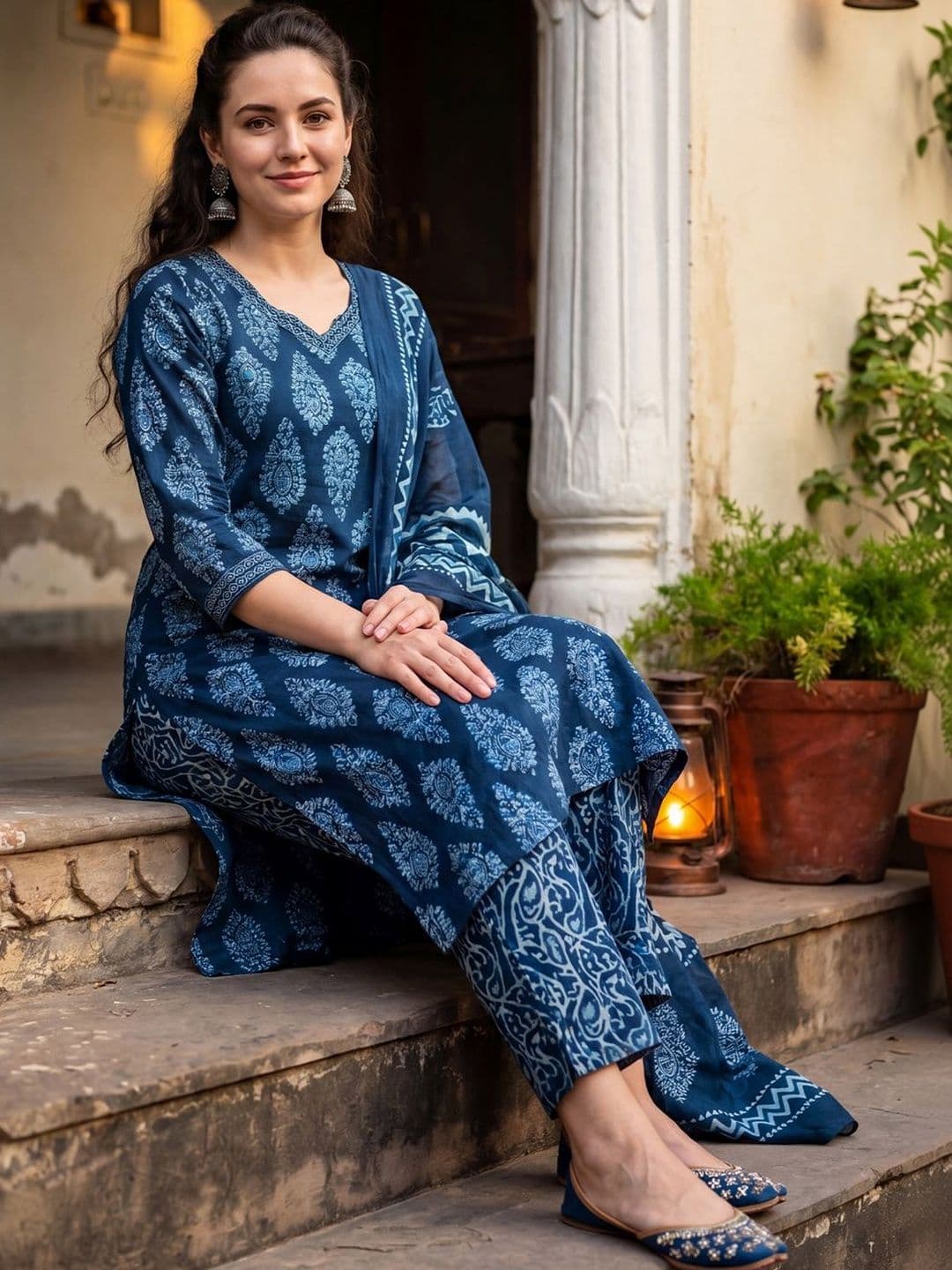 Indo Era Women Ethnic Motifs Printed Regular Pure Cotton Kurta with Trousers & With Dupatta thumbnail 5