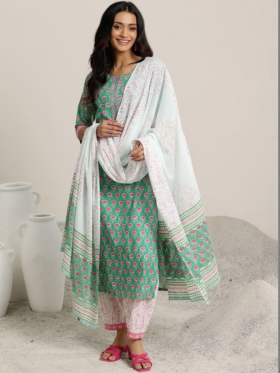 Libas Women Floral Printed Regular Thread Work Kurta with Trousers & With Dupatta - view 1