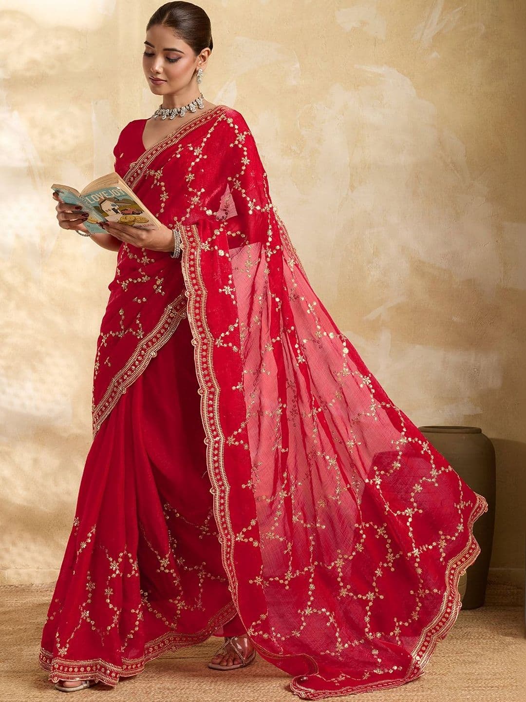 Ambuja International Embellished Zari Organza Heavy Work Saree thumbnail 7