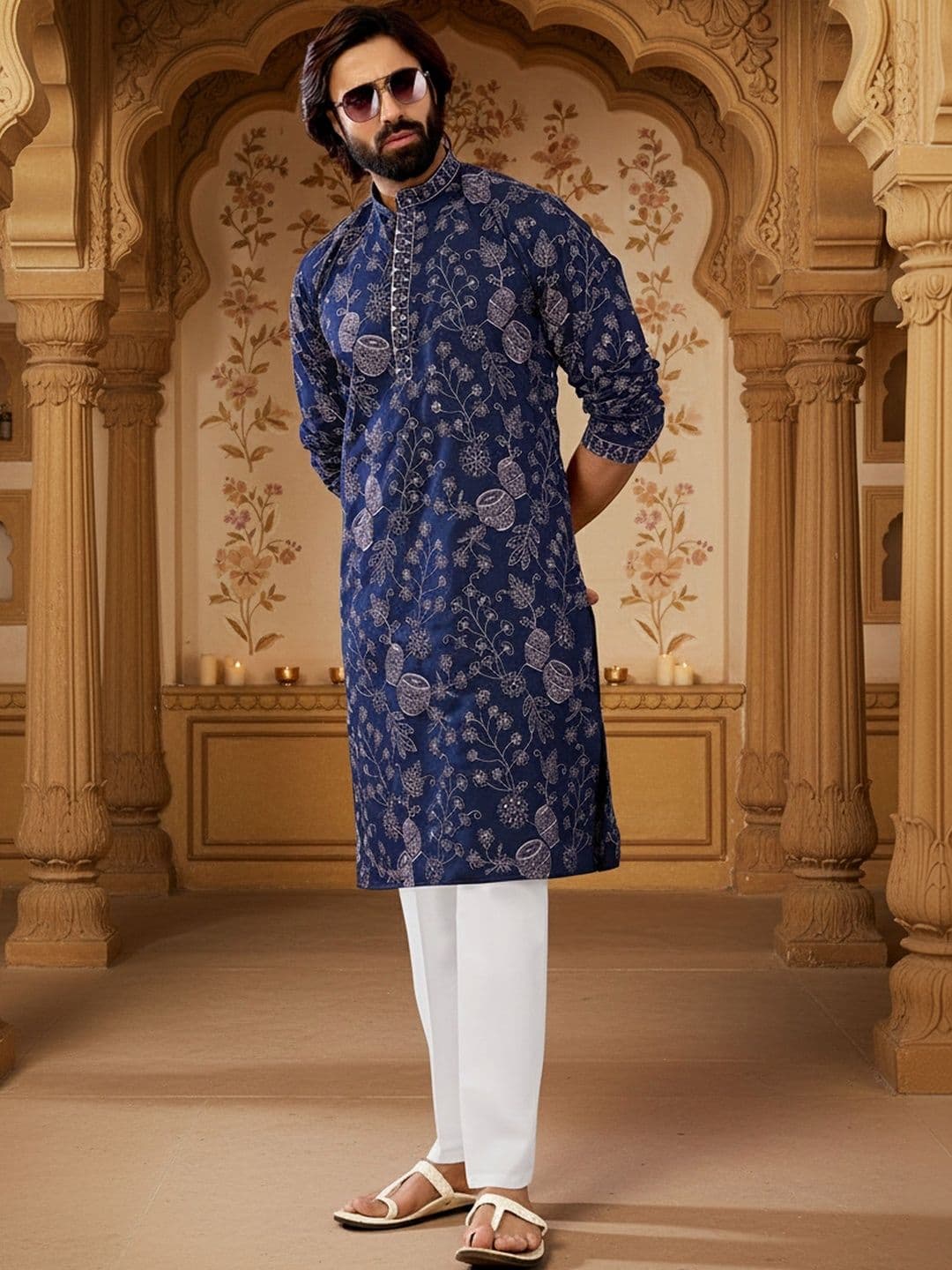 RANGRAAG Men Floral Printed Thread Work Indie Prints Kurta thumbnail 4