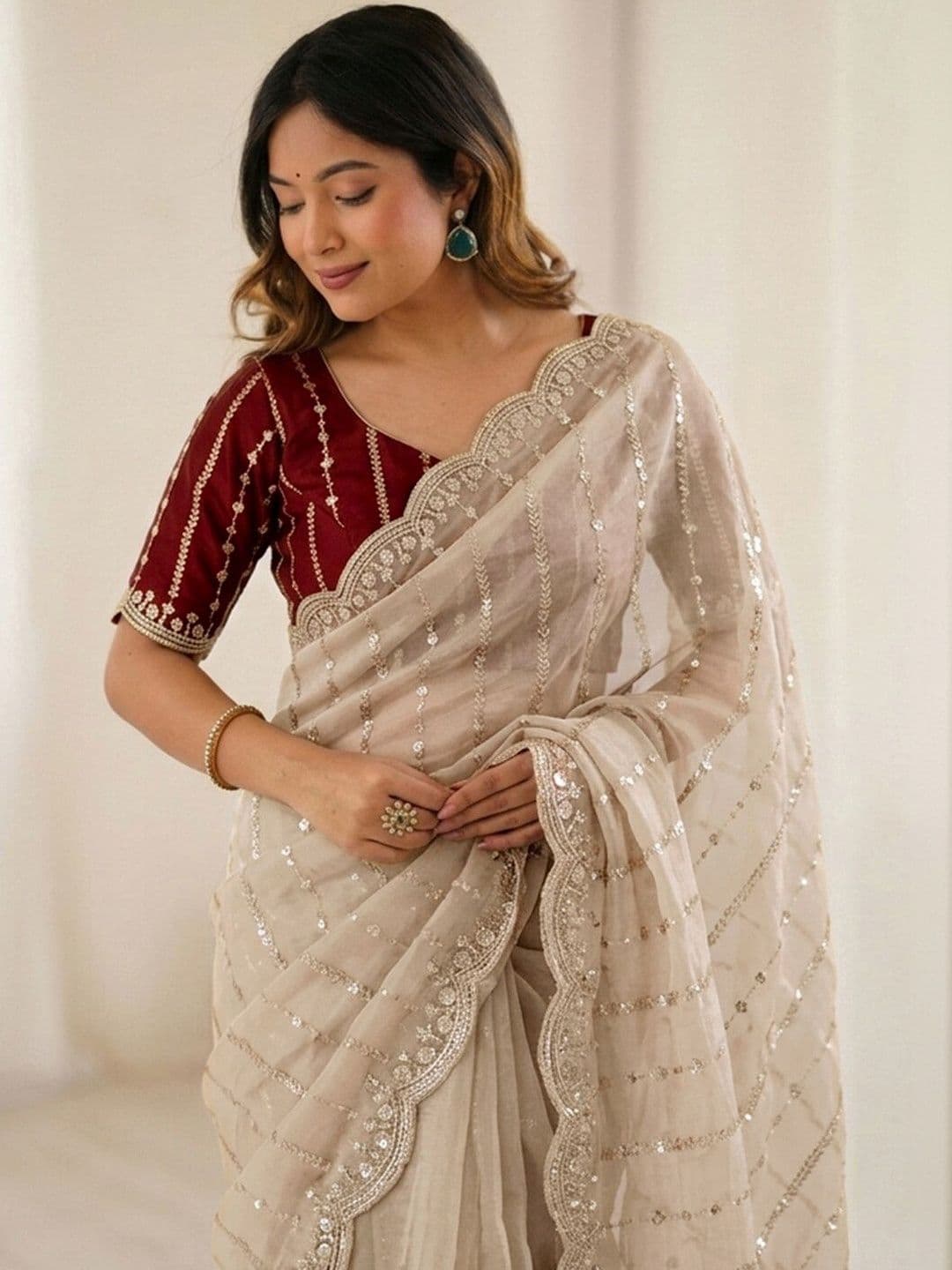 Satrani Embellished Sequinned Georgette Saree With Designer Blouse thumbnail 7