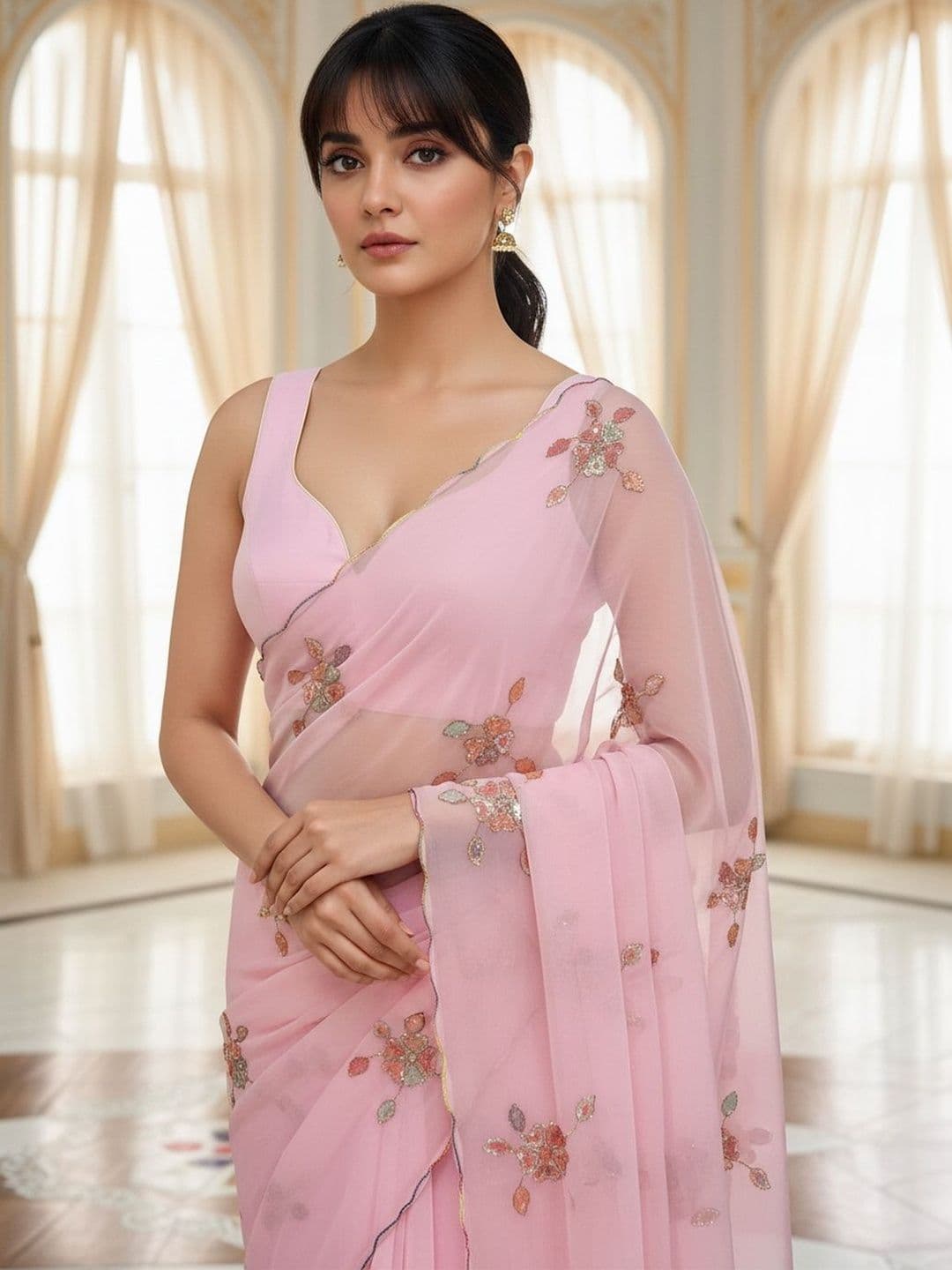 FABLAND Embellished Embroidered Poly Georgette Heavy Work Saree thumbnail 7
