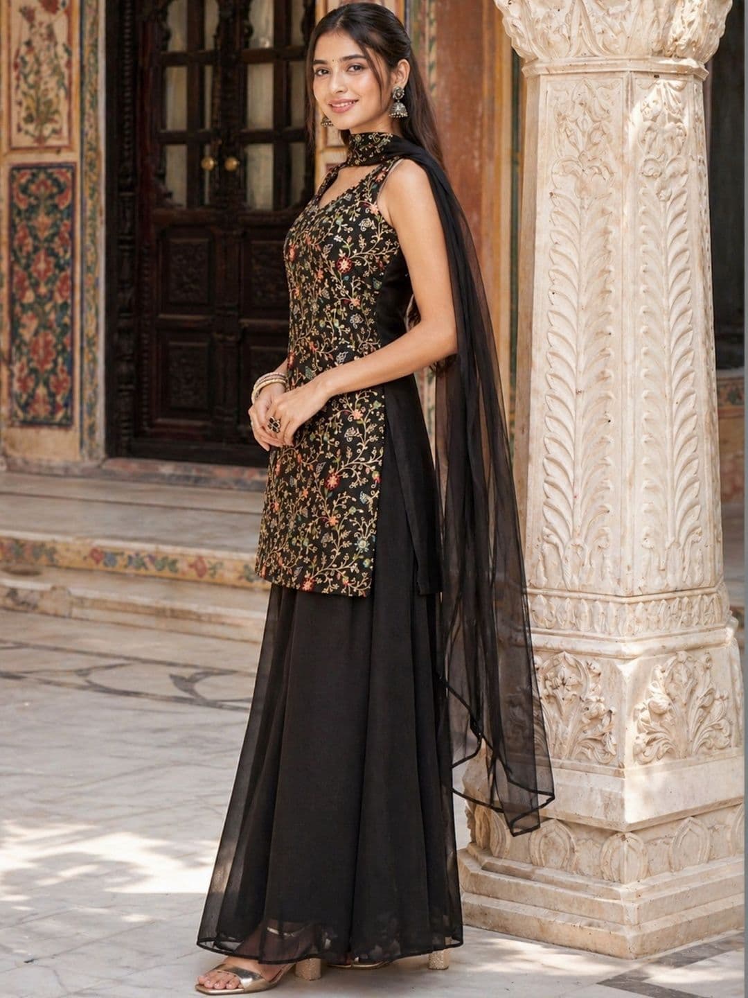 Sangria Embroidered  V-Neck Kurta & Sharara With Dupatta thumbnail 5