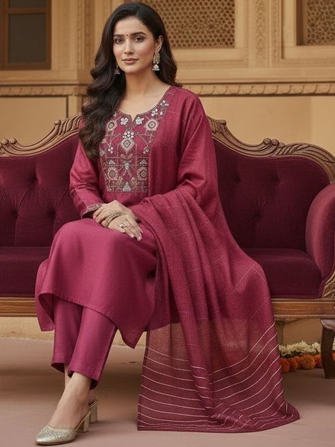 KALINI Women Ethnic Motifs Embroidered Regular Thread Work Kurta with Trousers & With Dupatta thumbnail 3