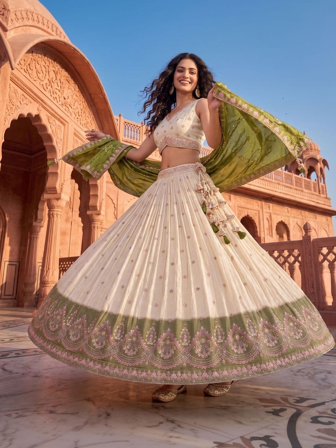 panchhi Embroidered Sequinned Semi-Stitched Lehenga & Unstitched Blouse With Dupatta thumbnail 5
