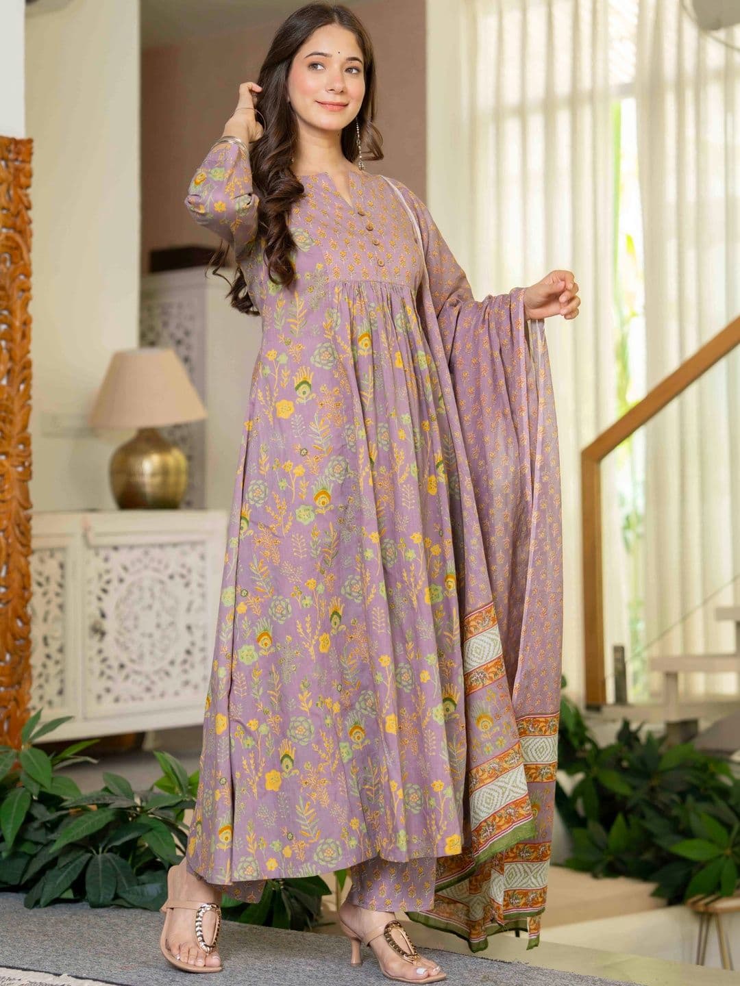 KALINI Women Ethnic Motifs Printed Empire Pure Cotton Kurta with Trousers & With Dupatta thumbnail 3