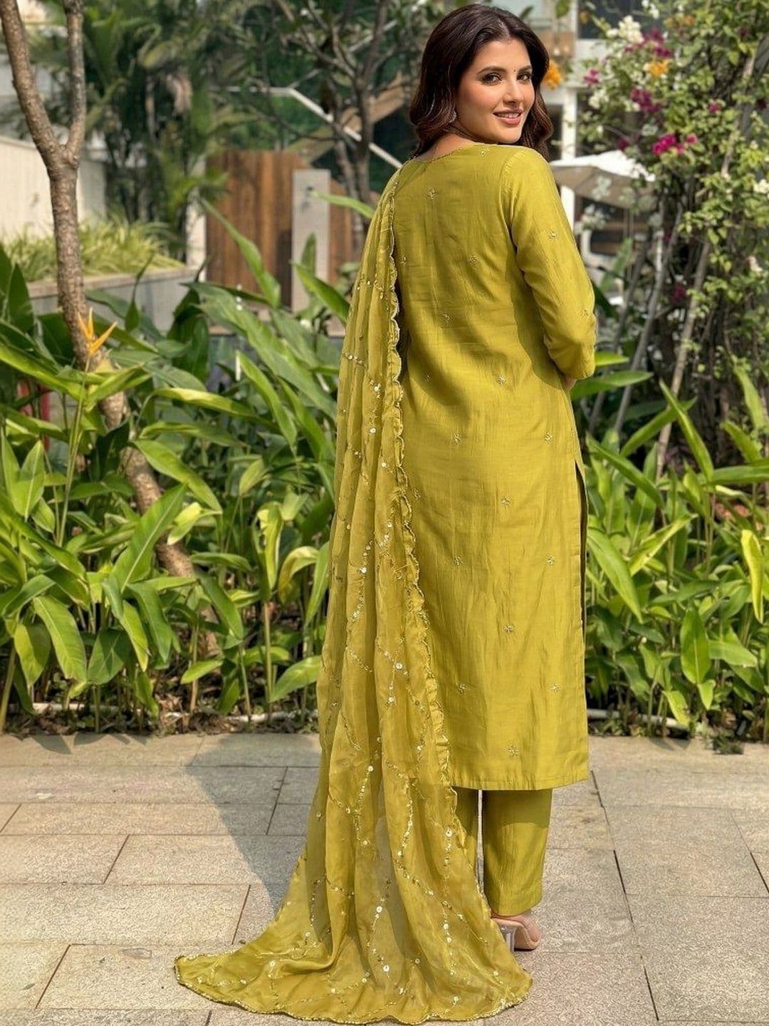 KALINI Ethnic Motifs Embroidered Thread Work Silk Georgette Kurta with Trousers & Dupatta thumbnail 2