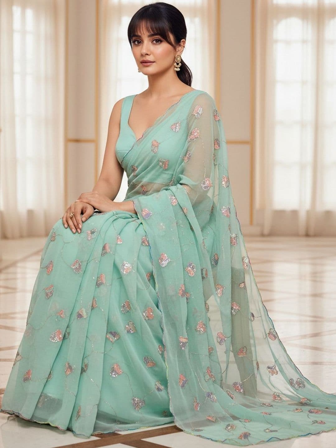 FABLAND Floral Sequinned Poly Georgette Designer Saree thumbnail 6
