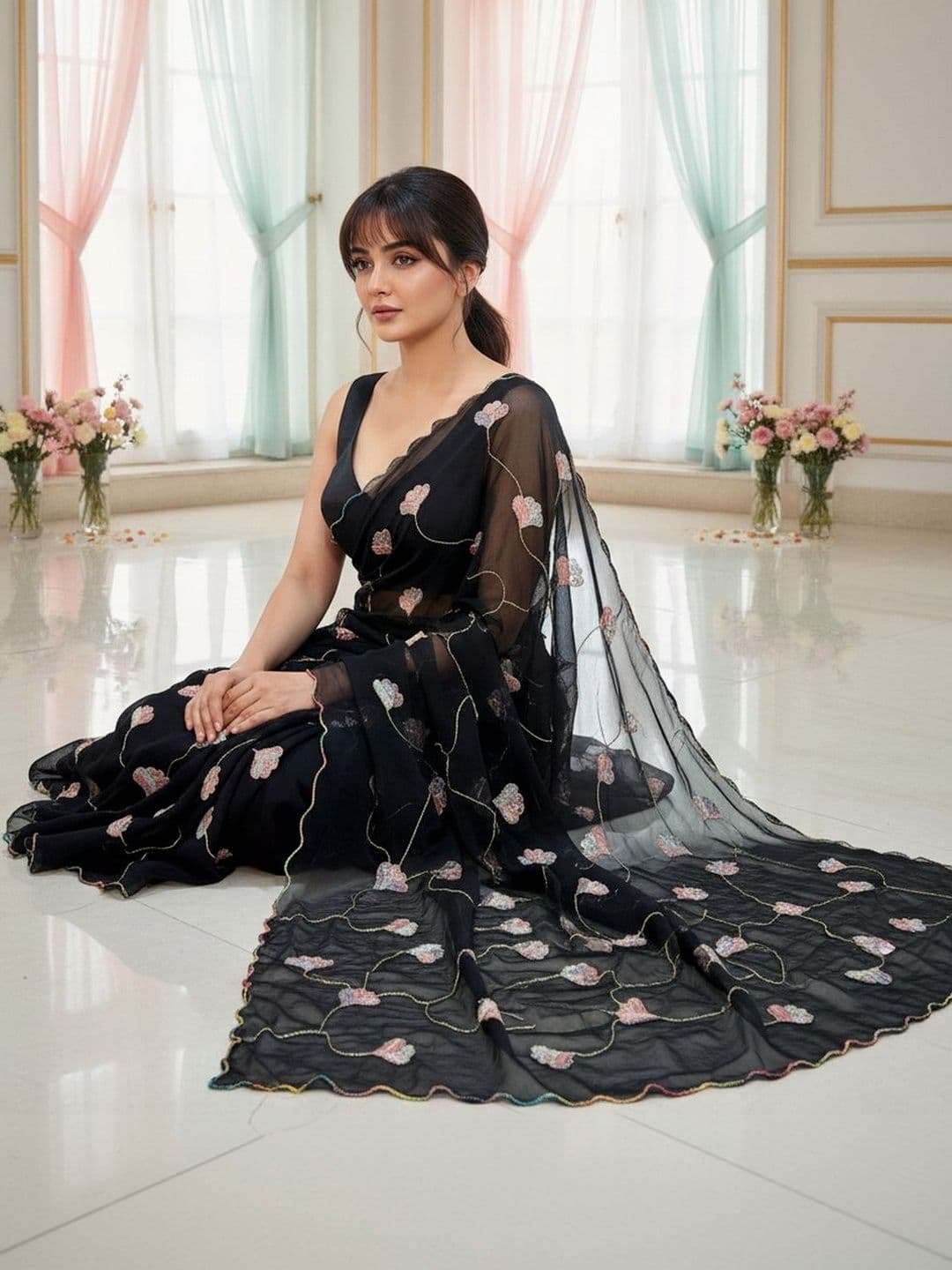 FABLAND Black Georgette Saree with Floral Sequence & Beads Embroidery Scalloped Border thumbnail 6