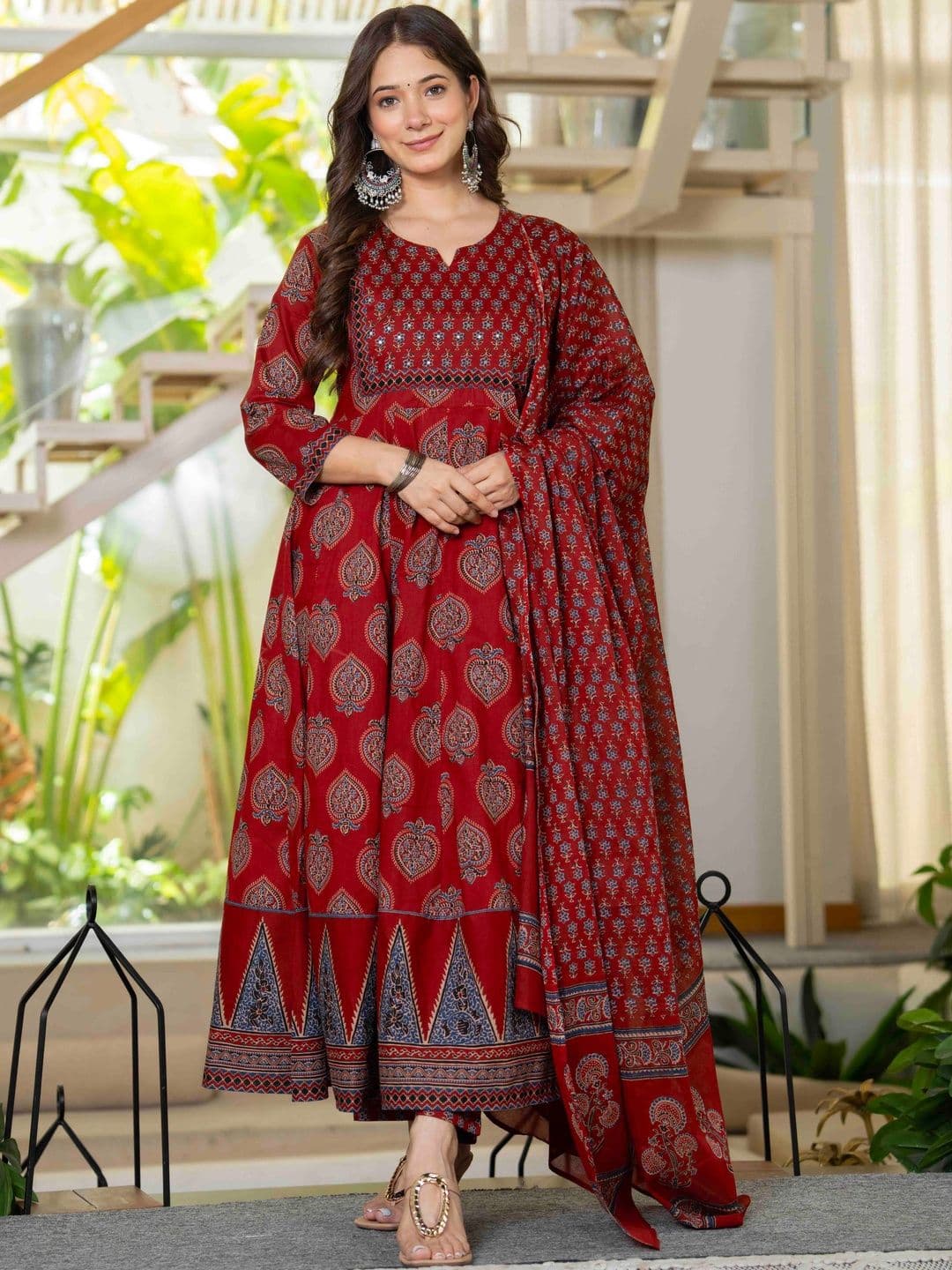 KALINI Women Ethnic Motifs Printed Empire Mirror Work Pure Cotton Kurta with Trousers & With Dupatta - view 1