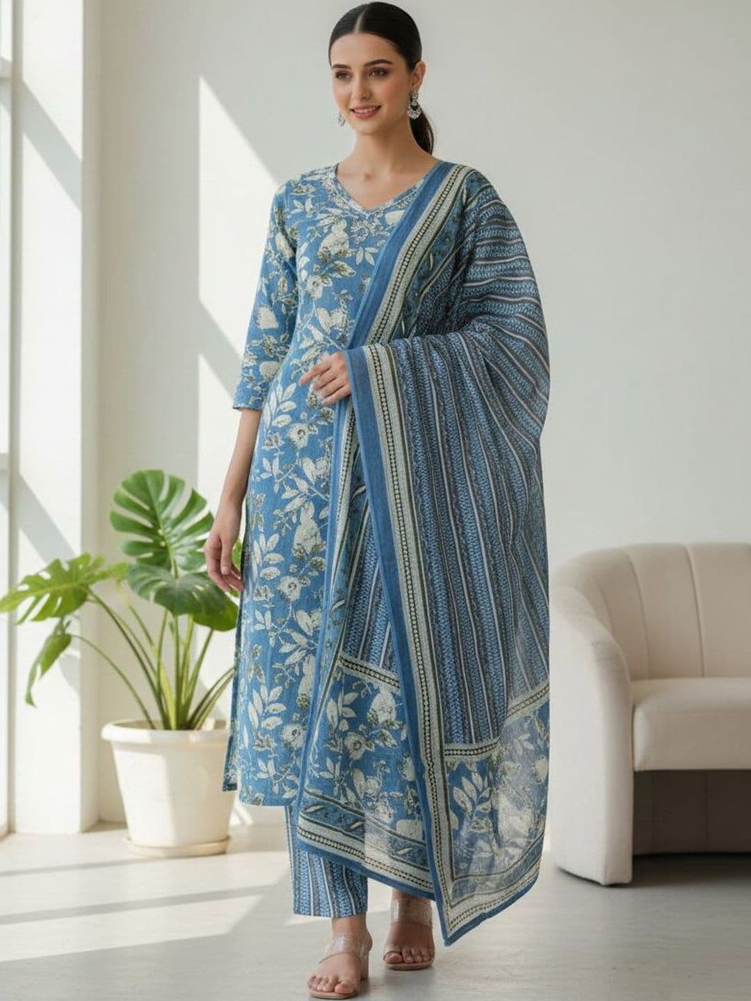 Sangria Printed Pure Cotton Round Neck Kurta & Trousers With Dupatta - view 1