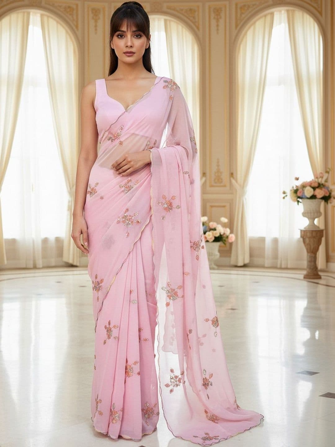 FABLAND Embellished Embroidered Poly Georgette Heavy Work Saree thumbnail 3