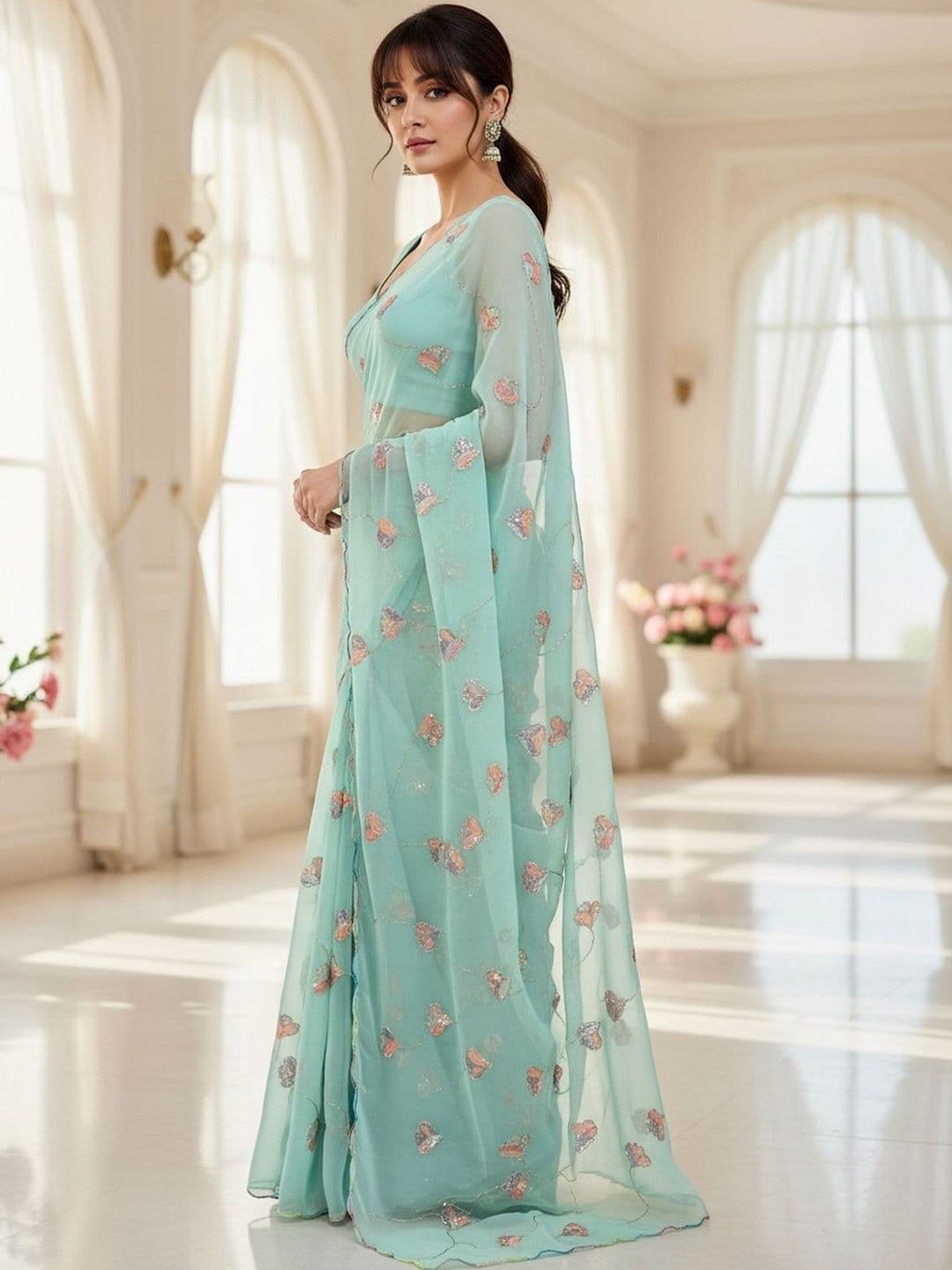 FABLAND Floral Sequinned Poly Georgette Designer Saree thumbnail 5