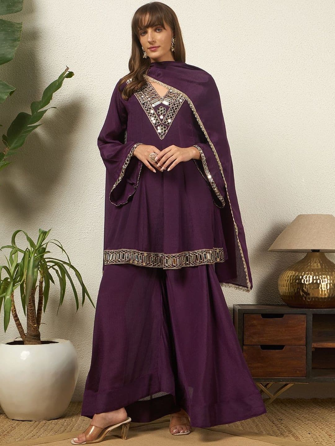 Honky Tonky Women Ethnic Motifs Embroidered Regular Mirror Work Kurta with Palazzos & With Dupatta thumbnail 7