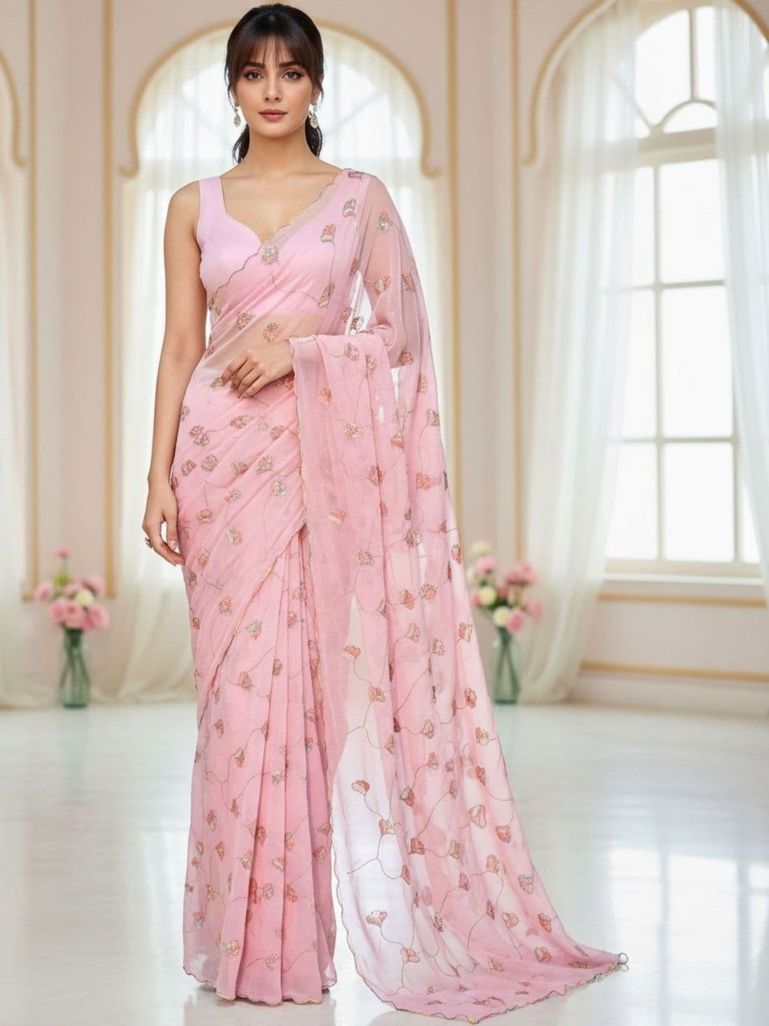 FABLAND Floral Sequinned Poly Georgette Saree - view 1