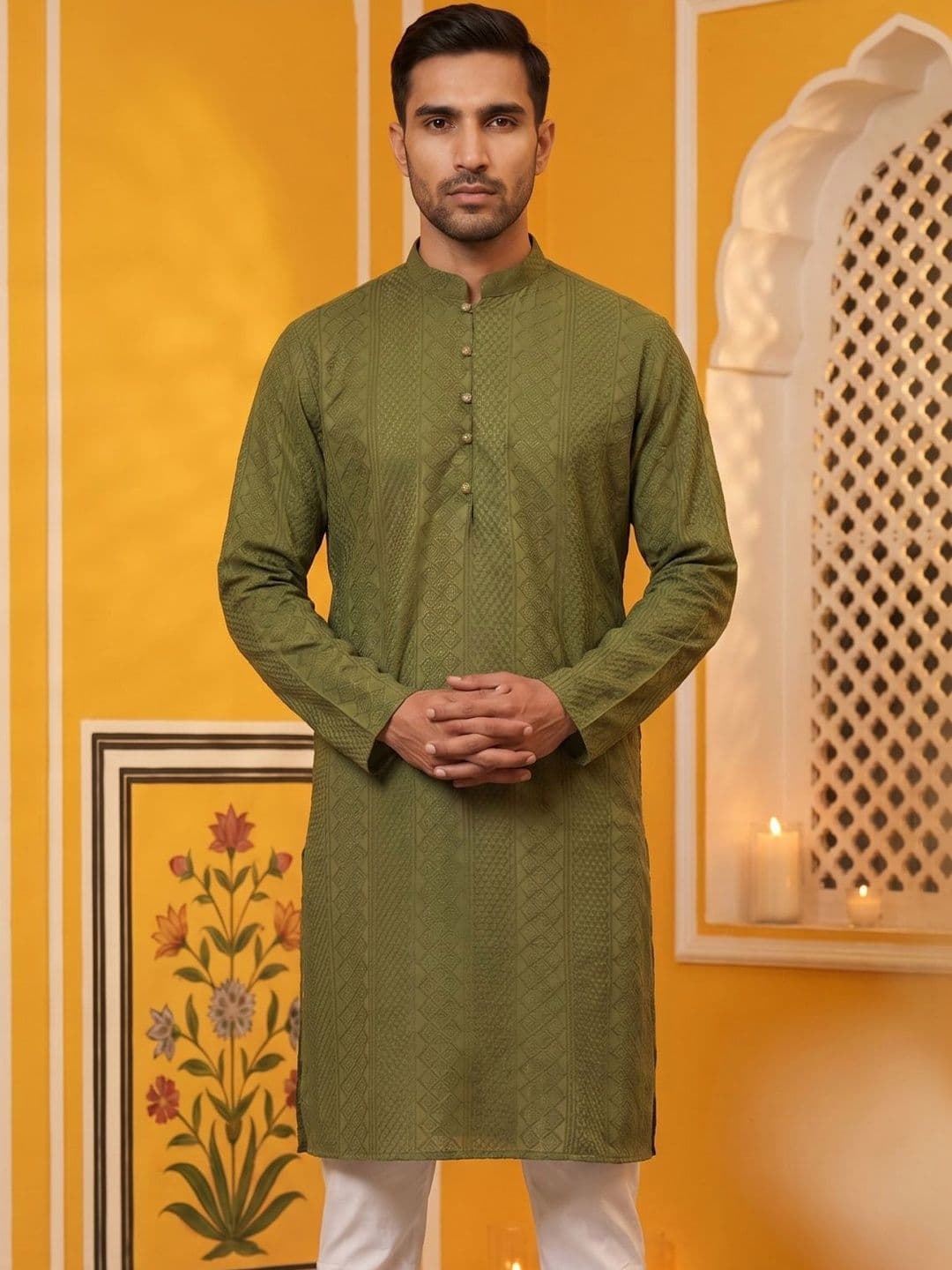 Jompers Men Ethnic Motifs Embroidered Chikankari Kurta thumbnail 2