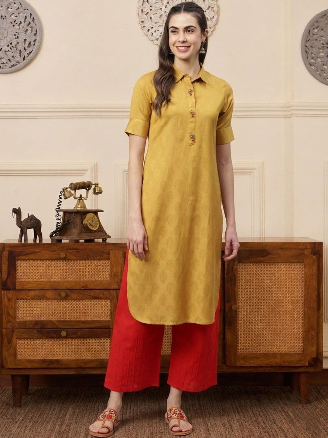 HK colours of fashion Women Shirt Collar Neck Jacquard Detailing Pathani Kurta - view 1