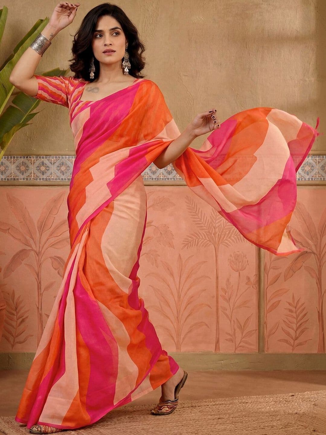 Sangria Printed Chanderi Ready to Wear Saree Blouse Piece thumbnail 4