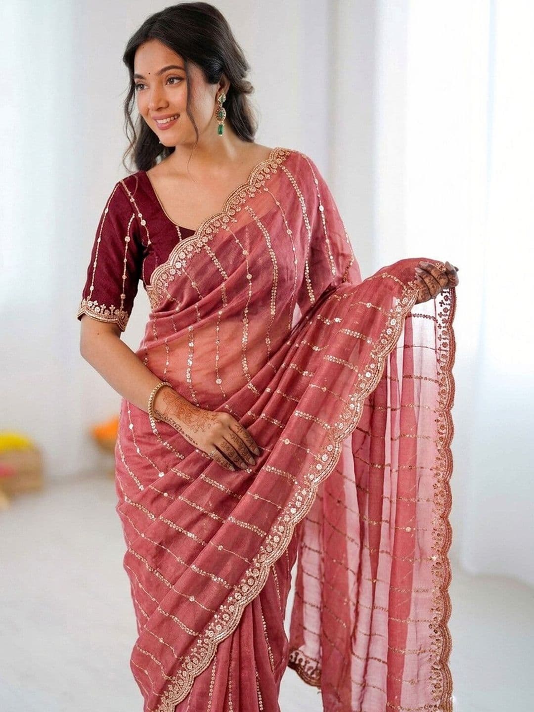 Satrani Embellished Sequinned Poly Georgette Heavy Work Saree thumbnail 3