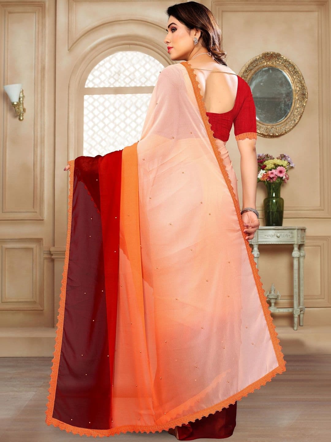 Traditional Villa Ombre Beads and Stones Pure Georgette Designer Banarasi Saree thumbnail 2