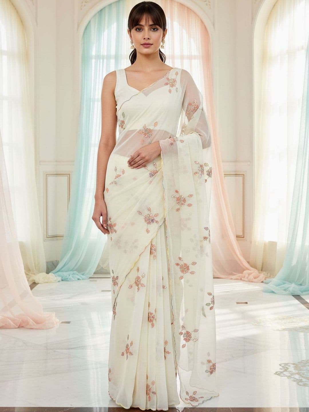 FABLAND Floral Sequinned Poly Georgette Heavy Work Saree - view 1