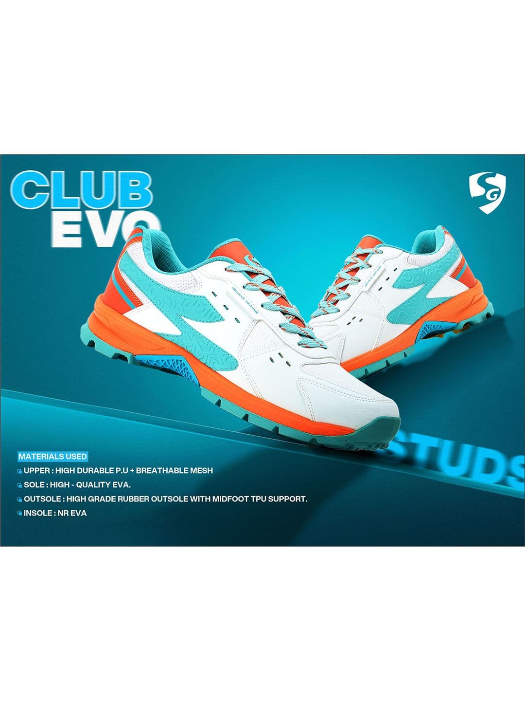 SG Club Evo Stud Shoes White-Orange-Aqua - Mesh Upper EVA Stable Support thumbnail 7