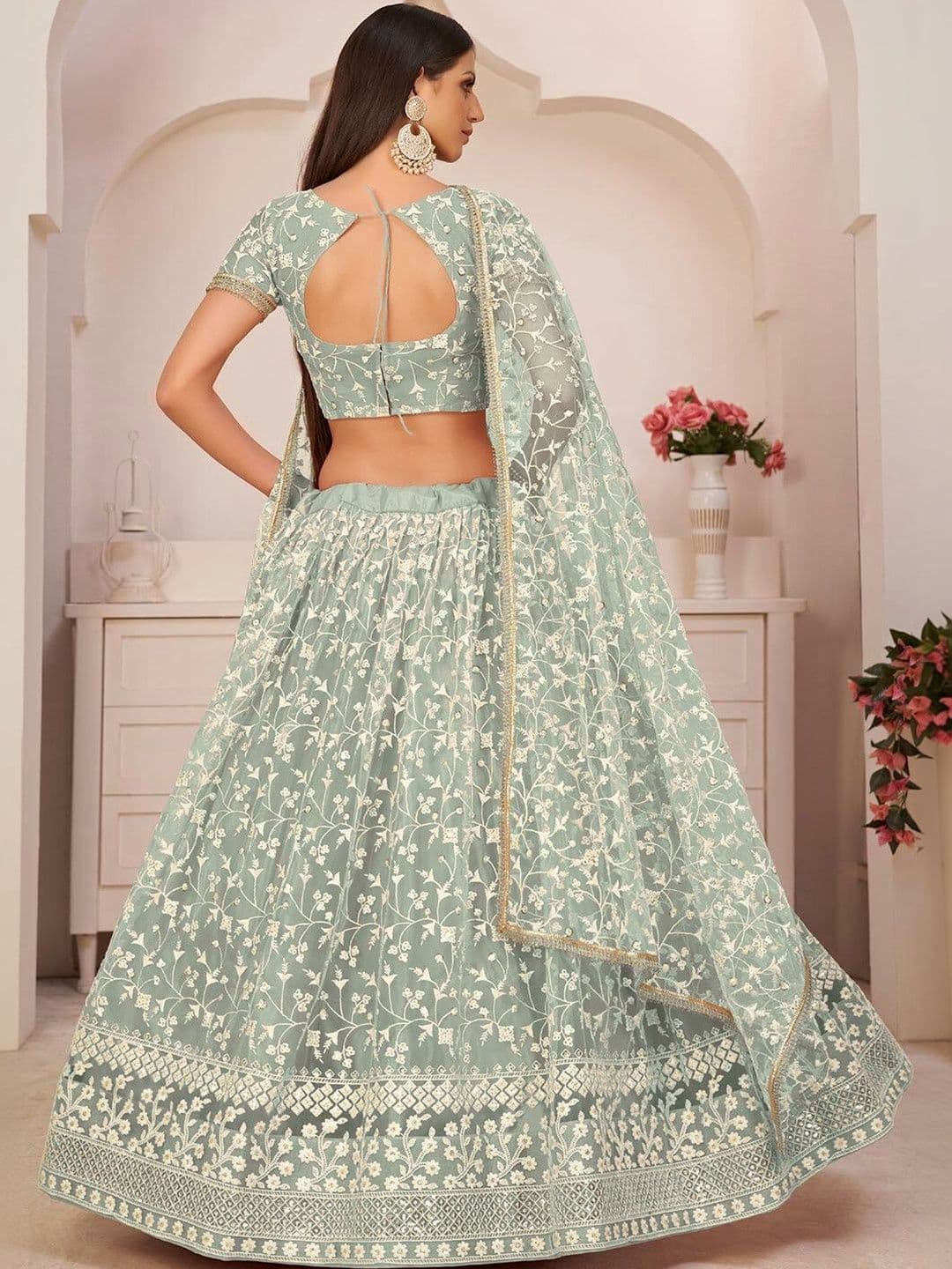 DREAM EXPORTER Women's Pista Green Zari Embroidery Work Lehenga Choli thumbnail 3