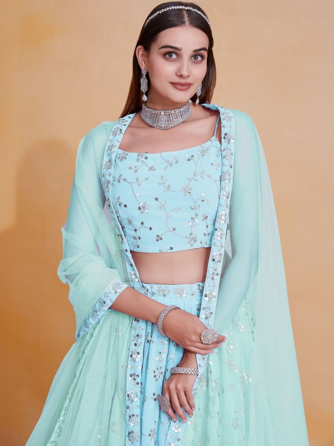 DREAM EXPORTER Women's Sky Blue Georgette Zari Sequence Embroidery Work Lehenga Choli thumbnail 4