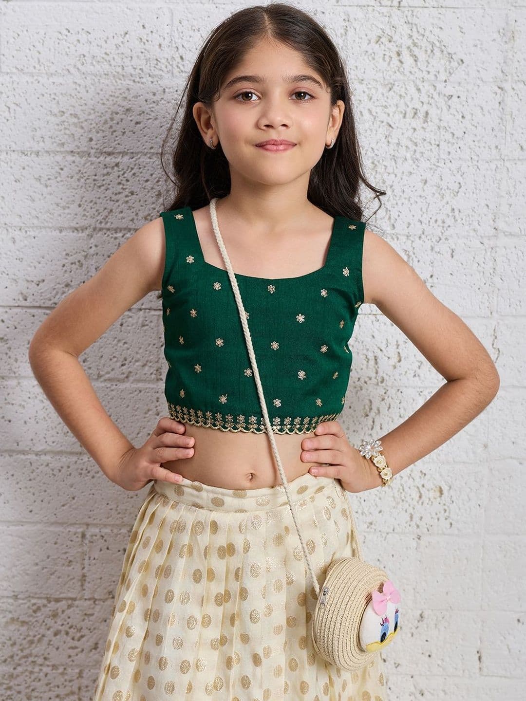 KALINI Girls Embroidered Thread Work Foil Print Ready to Wear Lehenga & thumbnail 5