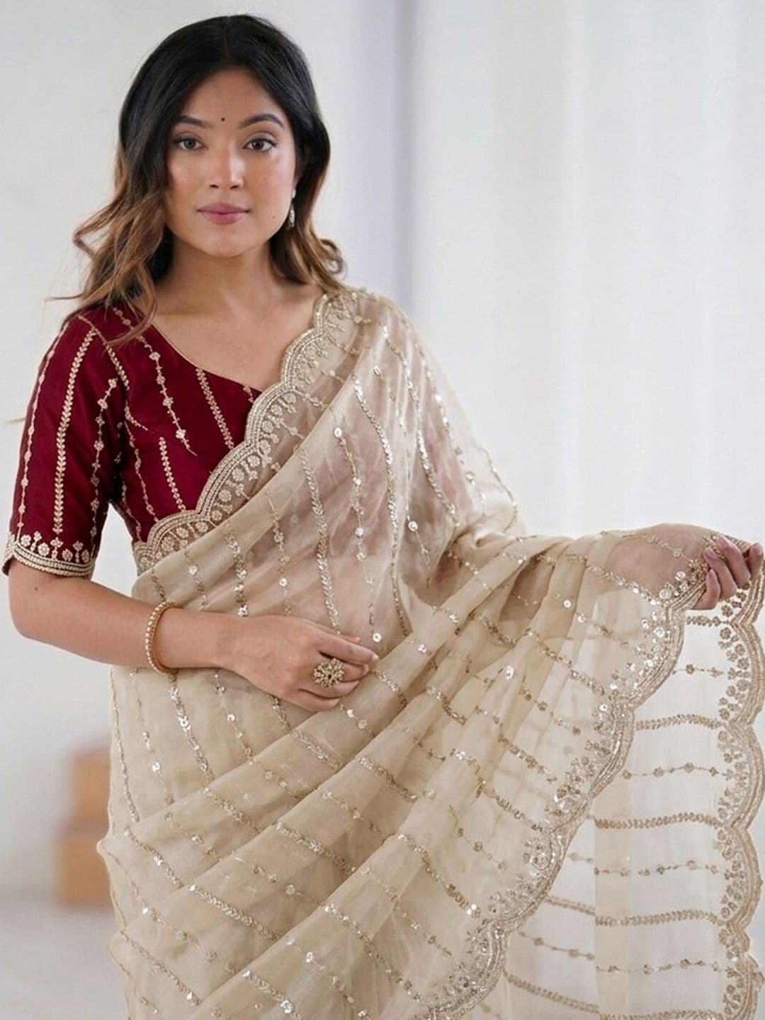 Satrani Embellished Sequinned Georgette Saree With Designer Blouse thumbnail 5