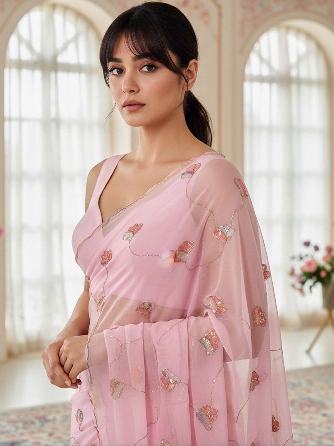 FABLAND Floral Sequinned Poly Georgette Saree thumbnail 3